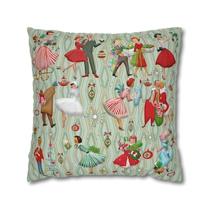 Capa de almofada de Natal retrô vintage kitsch dos anos 1950, donas de casa vintage, arte inspirada em cartões de Natal para casais, decoração de feriado MCM