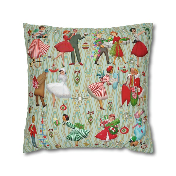 1950s Retro Vintage Kitsch Christmas Pillow Cover, Vintage Housewives, Couples Xmas Card Inspired Art, MCM Holiday Decor