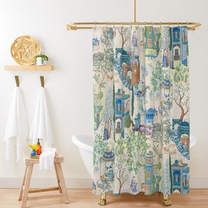 Vintage French Toile De Jouy Shower Curtain, Blue, Green Chinoiserie Floral, Traditional Asian Country Scene, Rustic Chic Bathroom Decor