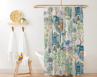 Vintage French Toile De Jouy Shower Curtain, Blue, Green Chinoiserie Floral, Traditional Asian Country Scene, Rustic Chic Bathroom Decor