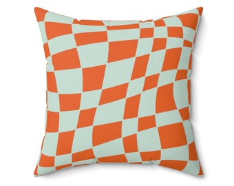 Retro Checkered Throw Pillow, Mid Century Modern Burnt Orange, Light Green Living Room, Bedroom Accent Pillows