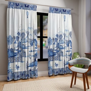 Chinoiserie Blue Willow # 2 Fenstervorhänge, Maximalistische Fensterdekoration in Blau mit weißen Blumen, Fensterdekoration im Landhausstil -124181423