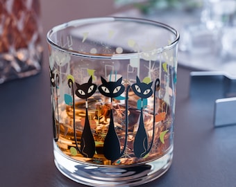 Atomic Kitschy Black Cat Rocks Glass, 10oz Mid Century Modern Whiskey Glass, Retro Lowball Cocktail Glass, 1950s Vintage Style Barware