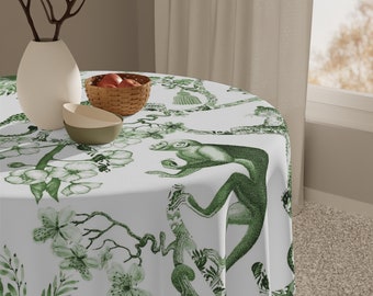 Chinoiserie Botanical Toile Tablecloth, Floral Green, White Chinoiserie Jungle, Country Farmhouse Table Decor, Grandmillenial Kitchen Decor