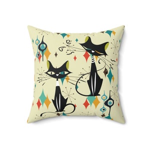 Retro Kitschy Atomic Cat Mid Century Modern Throw Pillow, MCM Cushion, Vintage Style Decor