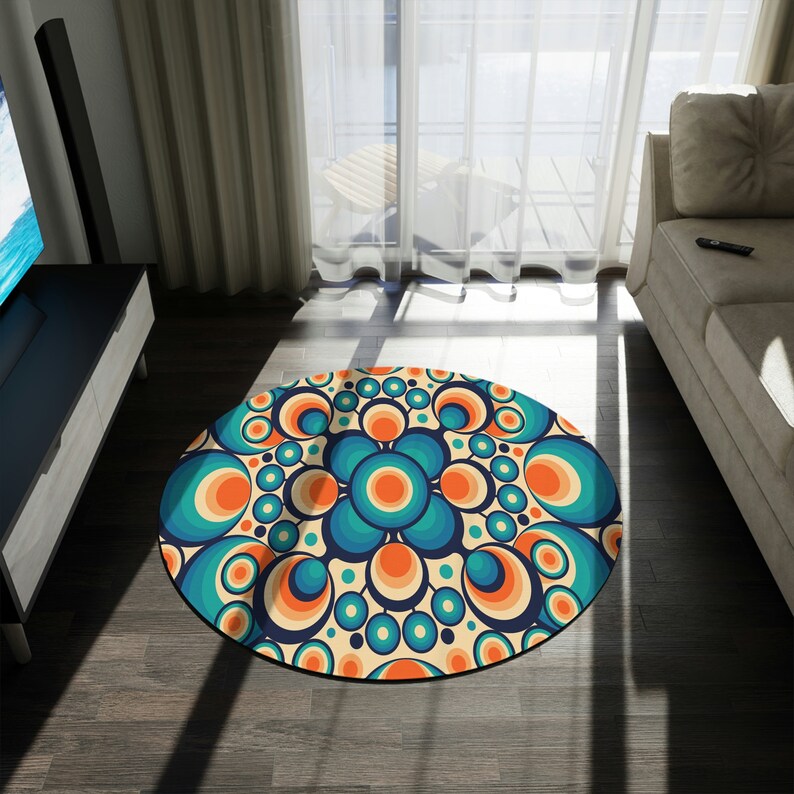 70s Groovy Hippie Mid Century Modern Round Rug, Retro Psychedelic Orbs Living Room, Bedroom Accent Rug, MCM Home Decor, Bedroom Aesthetic immagine 4