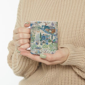 Toile De Jouy Mug, 11oz Blue and Green Floral Coffee Mug, Traditional Asian Country Scene with Horses, Rustic Chic Botanical Drinkware