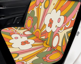 Retro 70s Groovy Funky Sunshine Back Car Seat Cover Set of 2, Mid Century Modern Flower Power Seat Protector