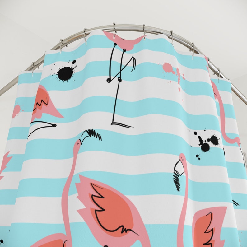 Tende da doccia con fenicotteri rosa, tende da bagno con arte dell’acquerello, uccello fenicottero tropicale, arredo bagno blu acqua, rosa, casa sulla spiaggia immagine 6