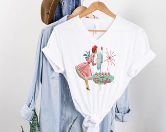 Merry and Bright Retro 50s Kitsch Christmas V-Neck Tee, Mid Century Modern Holiday Apparel, Vintage Christmas Card Art Shirt