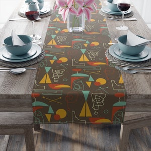 1950s Atomic Retro Mid Century Modern Geometric Abstract Table Runner (Cotton, Poly), Retro Table Linens