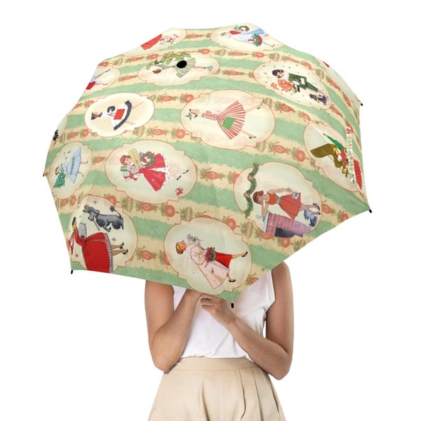 Vintage 1950s Housewives Christmas Semi-Automatic Foldable Umbrella