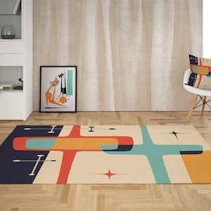 Mid Century Modern Atomic Starburst Area Rug, Beige, Teal, Geometric Abstract Accent Rug, Retro Living Room, Bedroom Home Decor, MCM Décor