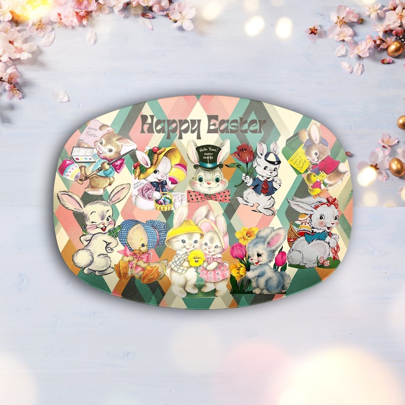 Kitschy Vintage Easter Bunny Platter, Retro Holiday Card Art Festive Serving Tray