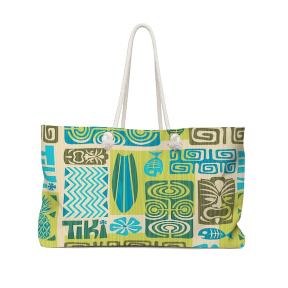 Retro Tiki Mid Century Modern Weekender Bag, Aloha Hawaiian Vacation carryall, Retro Oversize Tote Bag