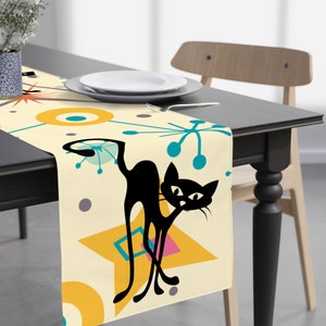 Retro Kitschy Cat Mid Mod Boomerang Starbursts Table Runner, Atomic MCM Table Linens, Mid Century Modern Kitchen Decor
