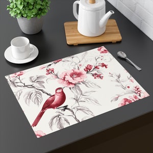 Chinoiserie Botanical Toile Floral Cranberry Red and White Placemat, Country Farmhouse Table Linens - 132782823