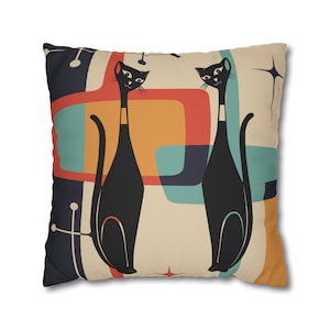 Atomic Cat Throw Pillow Cover, Mid Century Modern Geometric Teal, Mustard Yellow, Cream, Charcoal Pillowcase, MCM Starburst Cushion Cover