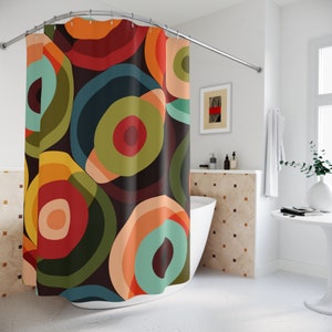 70s Psychedelic Geometric Shower Curtain, Retro Colorful Circle Orb Abstract Bathroom Curtains - 13379123