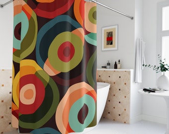 Cortina de ducha geométrica psicodélica de los años 70, cortinas de baño abstractas con orbe circular colorido retro - 13379123