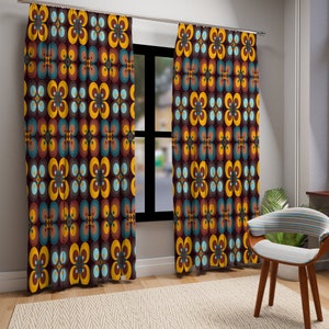 Window Curtain In Retro Geometric Groovy Mid Mod Daisy Floral, Mustard Yellow, Teal Blue, Brown, Window Treatment, Blackout, Sheer Drapery
