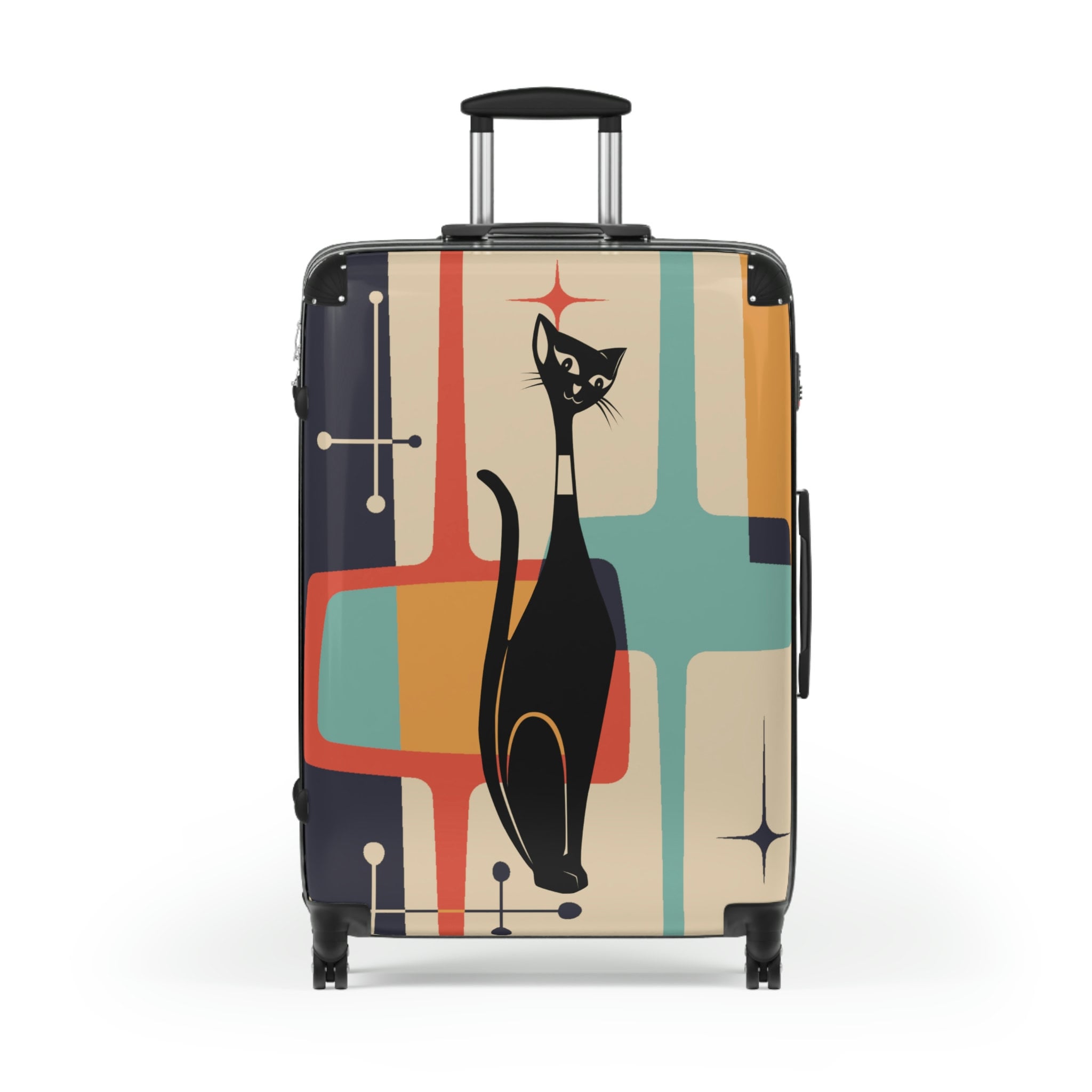 Atomic Cat Cabin Suitcase, Mid Century Modern Teal Blue, Mustard Yellow, Cream MCM Starburst Carry-On Roller Travel Luggage Set