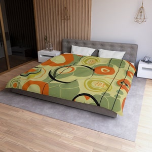 70s Mod Abstract Geometric Duvet Cover, Burnt Orange and Green Mid Century Style, Queen, King, Twin, Twin XL Bedding - KM13829923
