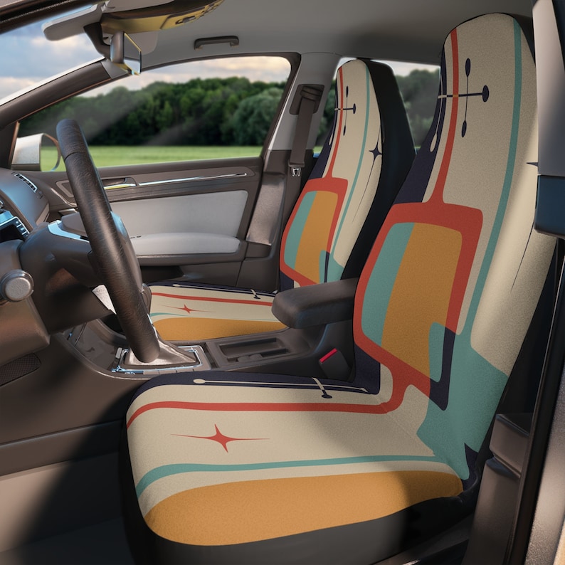 Mid Century Modern Retro Geometric Front Car Seat Cover, Set of 2, Teal Blue, Mustard Yellow, Cream MCM Starburst Car Seat Protector image 1
