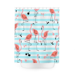 Tende da doccia con fenicotteri rosa, tende da bagno con arte dell’acquerello, uccello fenicottero tropicale, arredo bagno blu acqua, rosa, casa sulla spiaggia immagine 3