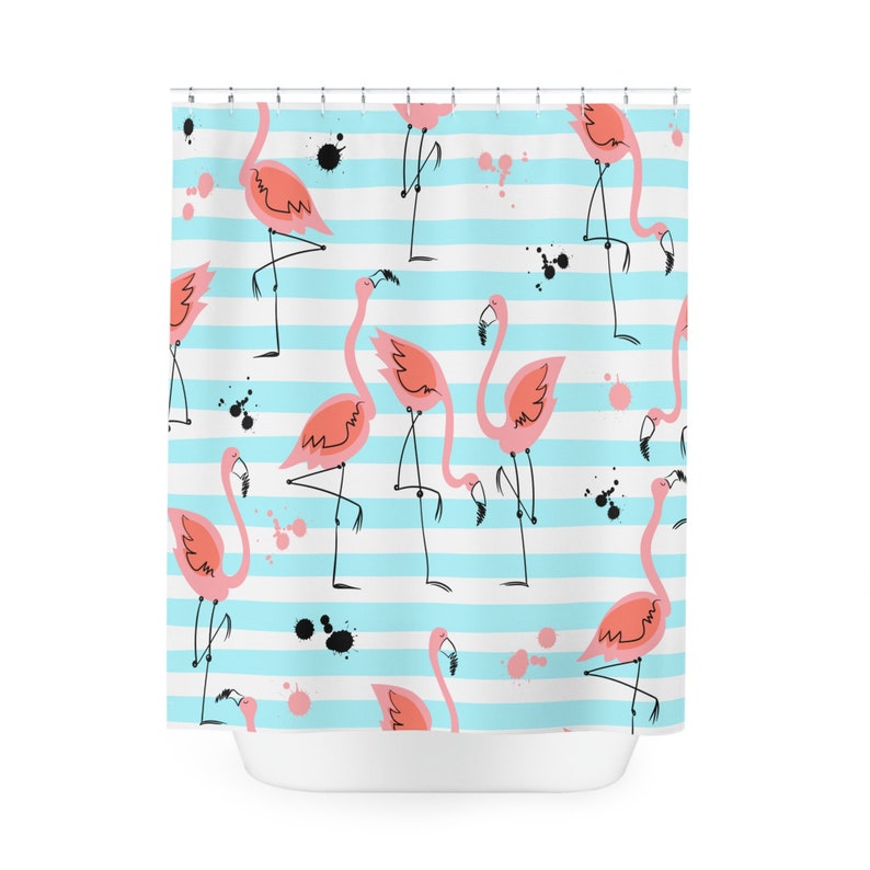 Tende da doccia con fenicotteri rosa, tende da bagno con arte dell’acquerello, uccello fenicottero tropicale, arredo bagno blu acqua, rosa, casa sulla spiaggia immagine 3