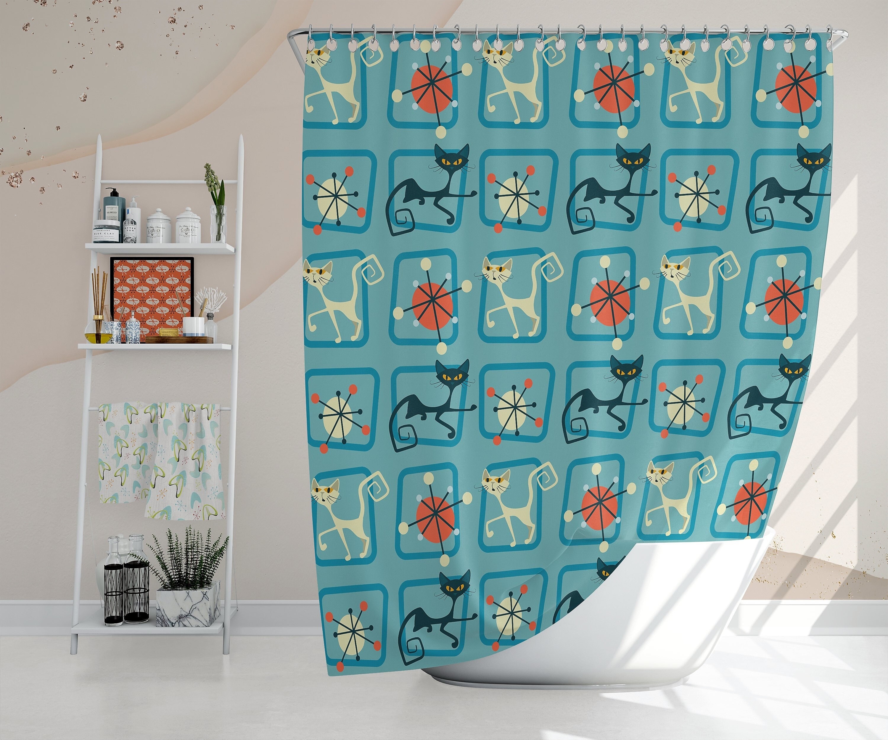 アトミックキャットシャワーカーテン、白黒猫、MCMレトロキッチュ
