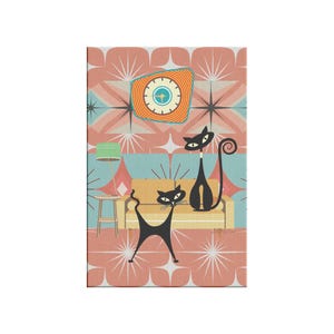 Retro Atomic Cat Canvas Art, Mid Century Modern Starburst Wall Decor, Teal and Orange 1950s Art