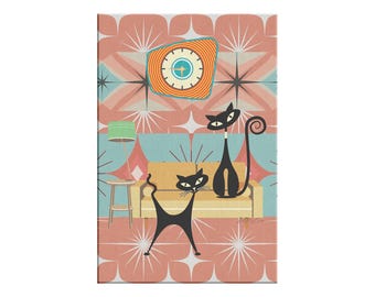 Arte en lienzo con diseño de gato atómico retro, decoración de pared moderna de mediados de siglo con estrellas, arte de los años 50 en verde azulado y naranja