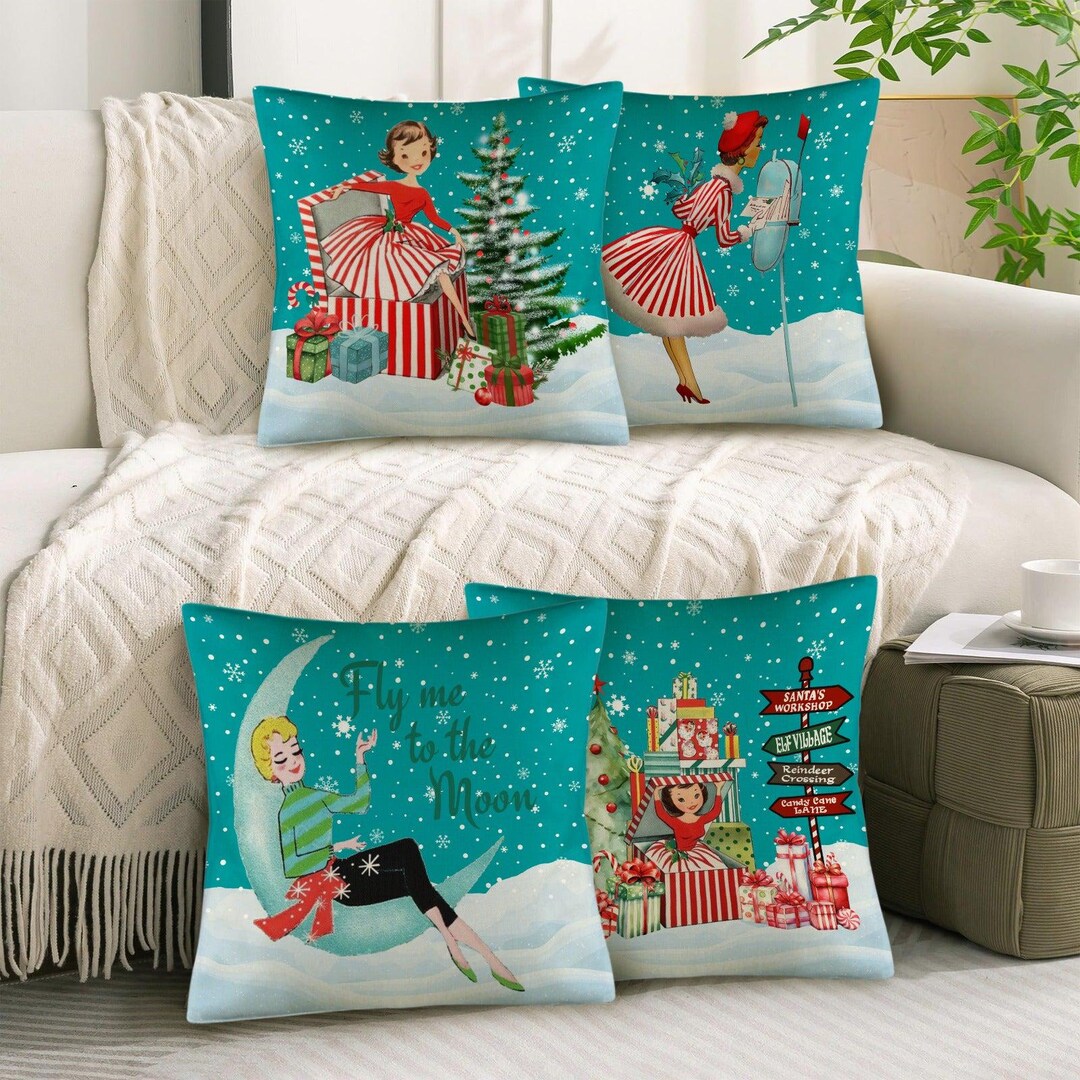 Retro Vintage Christmas Throw Pillow Covers Set of 4 Mid Century Modern ...