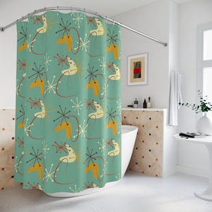 May include: A teal shower curtain with a retro mid-century modern design featuring abstract shapes and starbursts in yellow, orange, and brown.