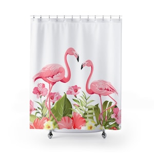 Flamingo Tropische Blumen Duschvorhang, Rosa Flamingo Dusch- und Badevorhang, Tropische Blumen Badevorhang, Florales Bad Dekor