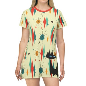 Atomic Cat Franciscan Diamond Starburst T-Shirt Dress, Mid Century Modern Retro Orange, Teal, Cream Party Dress