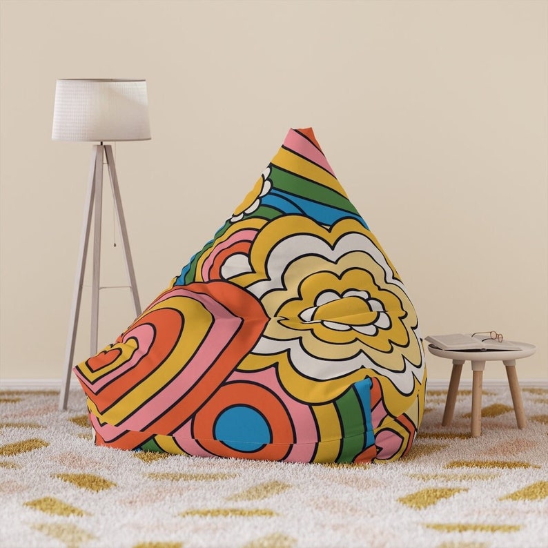 Retro 70s Psychedelic Hearts and Daisy Flowers Bean Bag Chair Cover, Custom Designed Hippie Boho Dorm Room, Vintage Groovy Floral Home Decor image 1