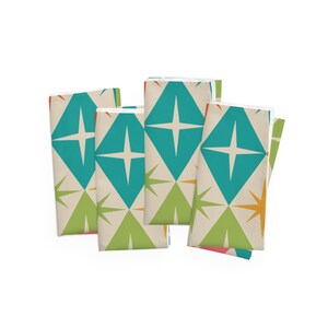 Set of 4 Retro Vintage Cloth Napkins, 50s Mid Century Modern Diamond Starbursts, Teal, Pink, Burnt Orange, Mustard Yellow, Lime MCM Colors image 3