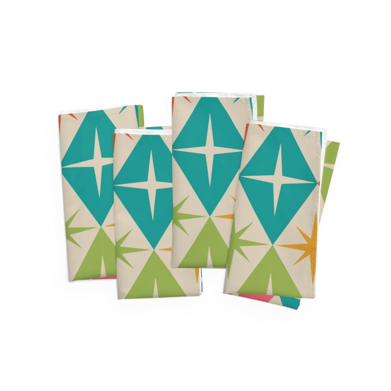 Set of 4 Retro Vintage Cloth Napkins, 50s Mid Century Modern Diamond Starbursts, Teal, Pink, Burnt Orange, Mustard Yellow, Lime MCM Colors image 3