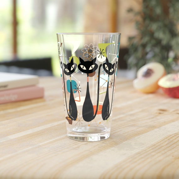 Atomic Kitschy Black Cat Pint Glass, 16oz Mid Century Modern Retro