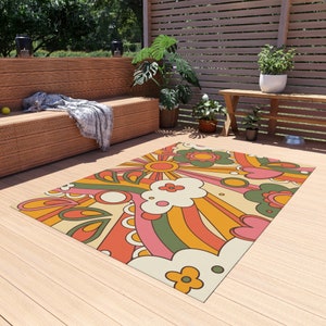 70s Groovy Hippie Retro Outdoor Rug, Mid Mod 70s Flower Power Patio Rug ...