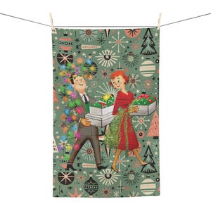 Retro jaren 50 kitsch kersttheedoek, moderne vakantie keukenhanddoek uit het midden van de eeuw, jaren 50 vintage vakantie decor cadeau, feestelijk gastvrouw cadeau