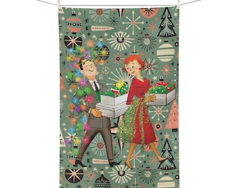 50er Jahre Kitsch Weihnachten Geschirrtuch, Mid Century Modern Urlaub Geschirrtuch, 50er Jahre Vintage Urlaub Dekor Geschenk
