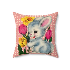 Vintage Kitschy Easter Bunny Throw Pillow Cover, Vintage Easter Card Inspired Cushion Covers, Easter Rabbit Spring Floral Pillow Case Gifts image 9