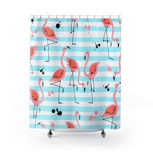 Tende da doccia con fenicotteri rosa, tende da bagno con arte dell’acquerello, uccello fenicottero tropicale, arredo bagno blu acqua, rosa, casa sulla spiaggia immagine 4