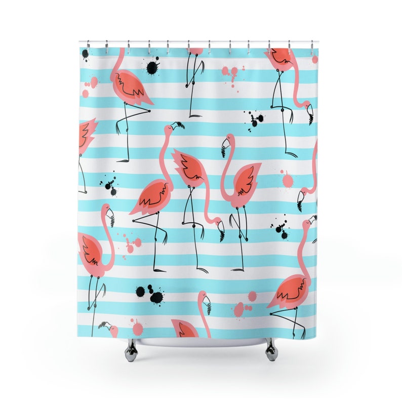 Tende da doccia con fenicotteri rosa, tende da bagno con arte dell’acquerello, uccello fenicottero tropicale, arredo bagno blu acqua, rosa, casa sulla spiaggia immagine 4