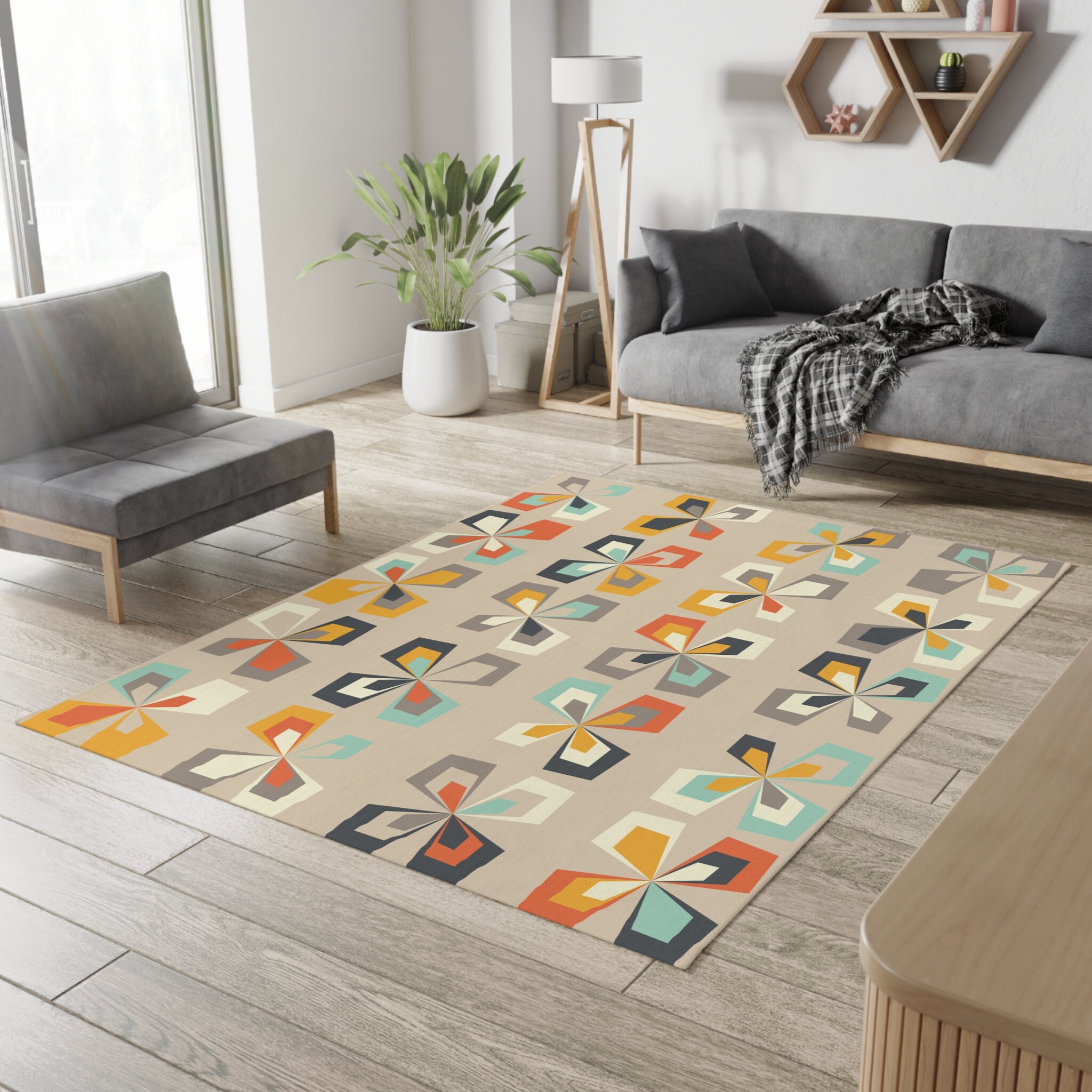 Retro 60s 70s Mid Century Modern Geometric Area Rug, Abstract Vintage ...