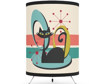Retro Atomic Cat Tripod Table Lamp, Mid Century Modern Desk Light, 50s Style Decor