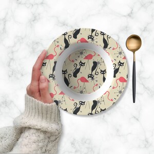 Atomic Cat, Flamingo Mid Century Modern Bowl, Retro Whimsy MCM Starburst Cream, Pink, Gray Dinnerware